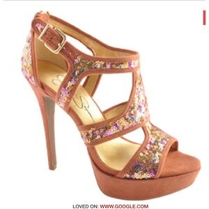 Jessica Simpson Bruno Platform Sandal 10 Rose Gold Sequin Stiletto Strappy Heels